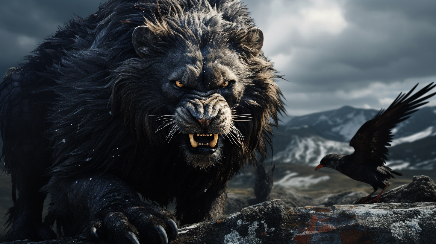 Cinematic shot of lion, black bear, and eagle in action