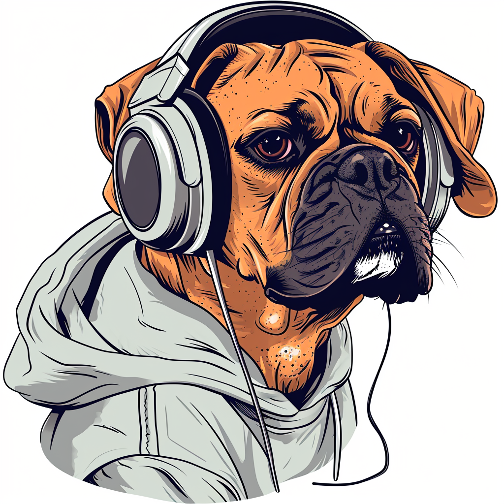 Boxer dog in sweatshirt and headphones