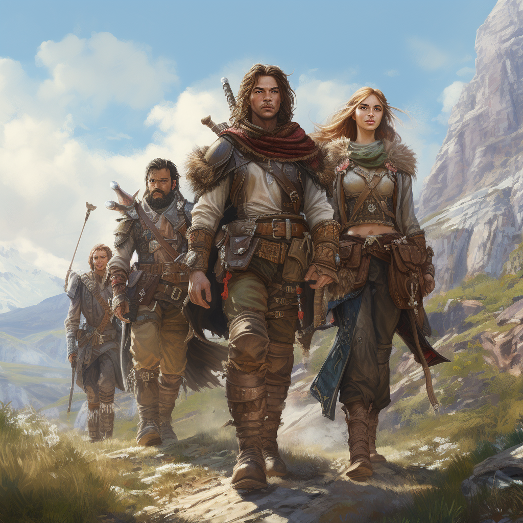 Group of adventurers on a journey with weapons