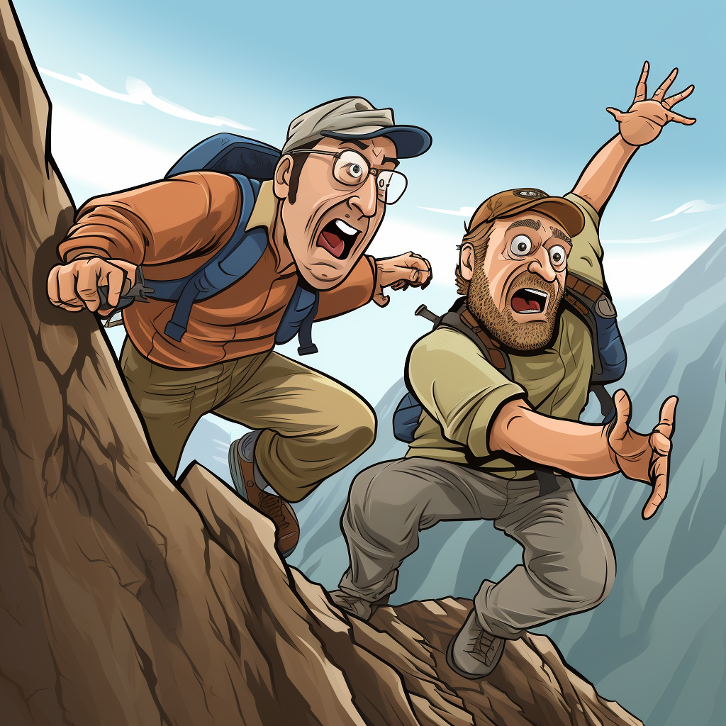 Two exhausted men attempting to climb a mountain