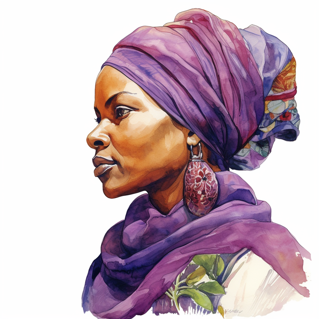 African woman with purple headscarf and vegetables