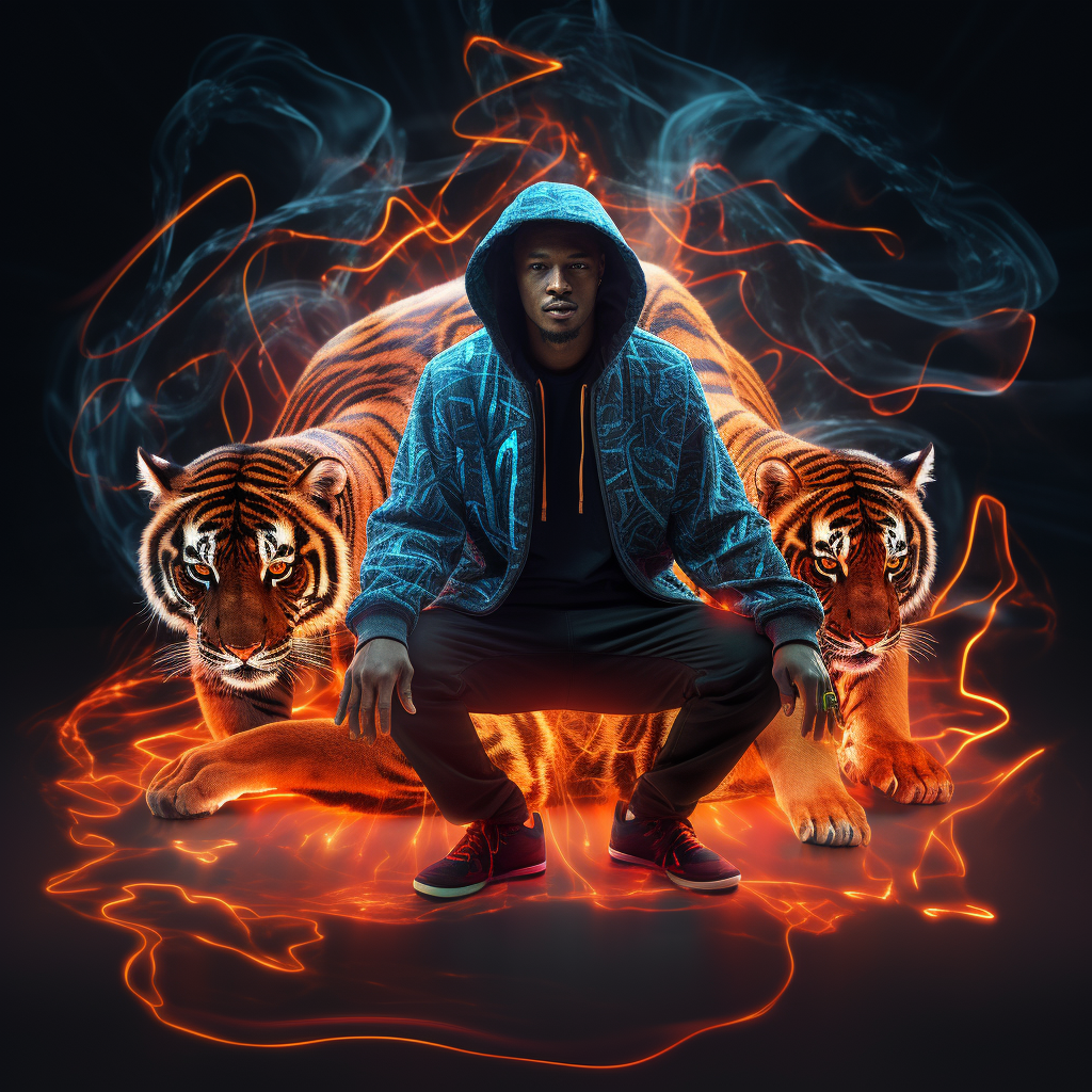 African man in hoodie with neon light streaks