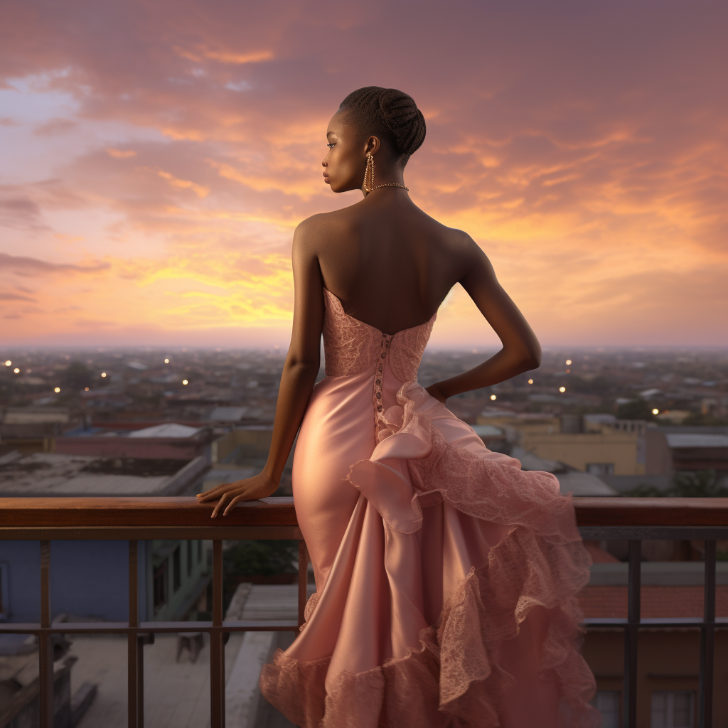 Young African woman in pink dress on rooftop