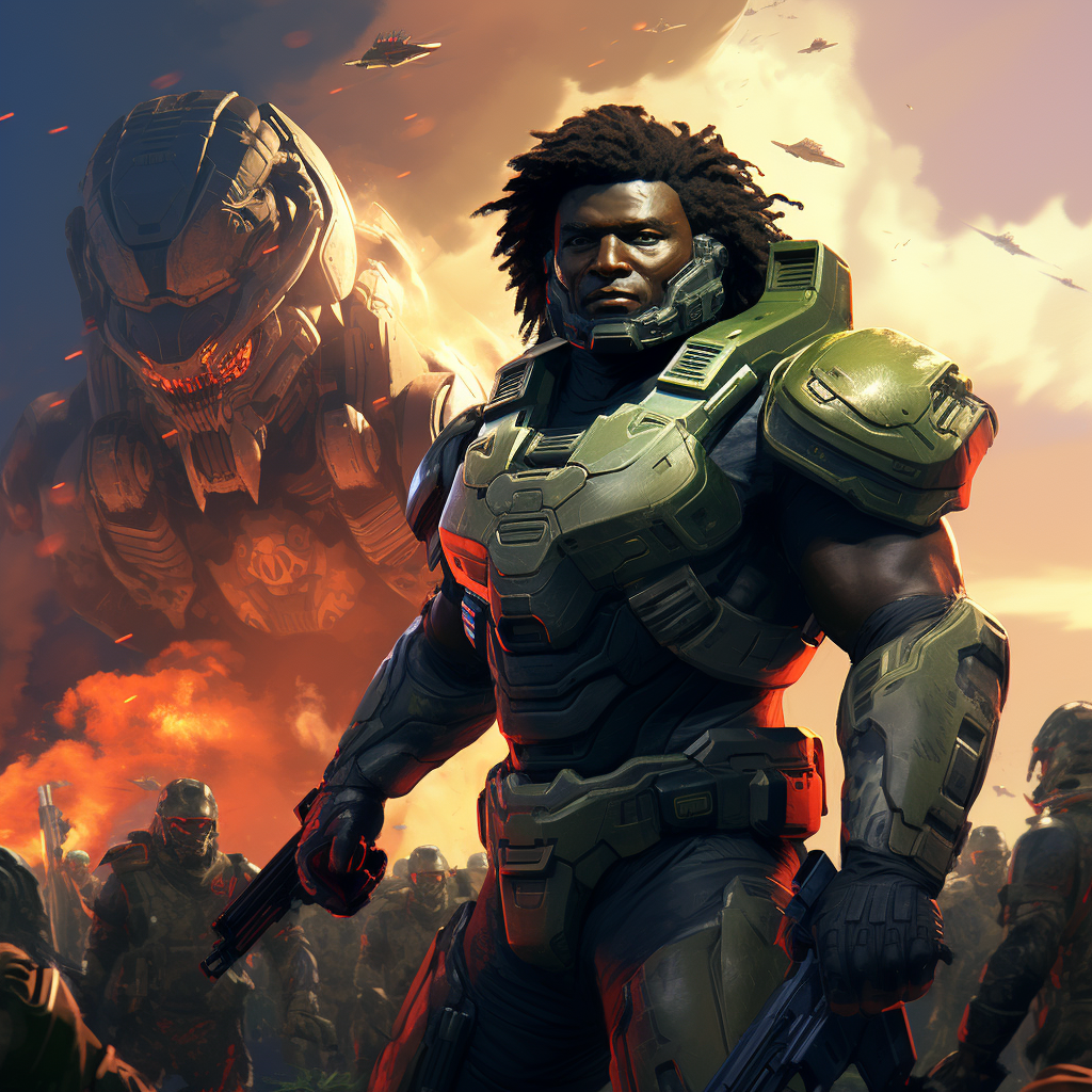 Afrofuturist Master Chief shielding against coloniser aliens