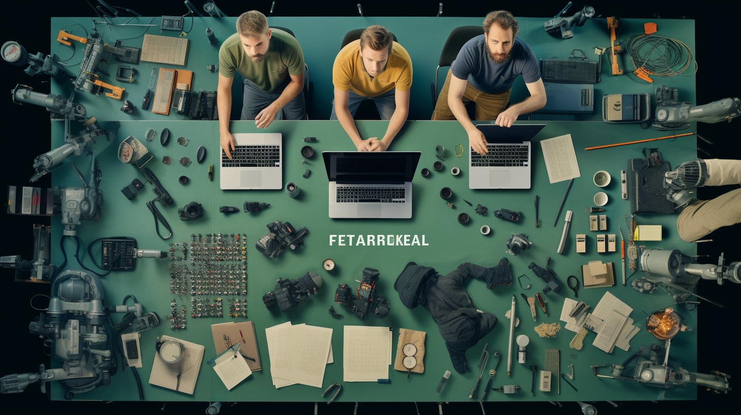 Group of agency workers with laptops and cameras