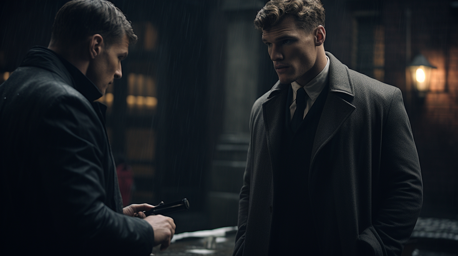 Alan Ritchson in heavy coat meeting detective