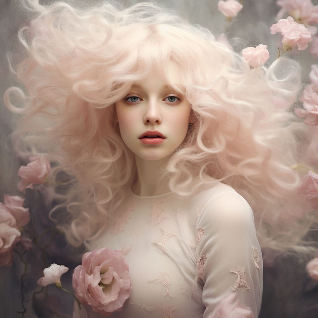 Albino woman in pink floral dress with wind blowing