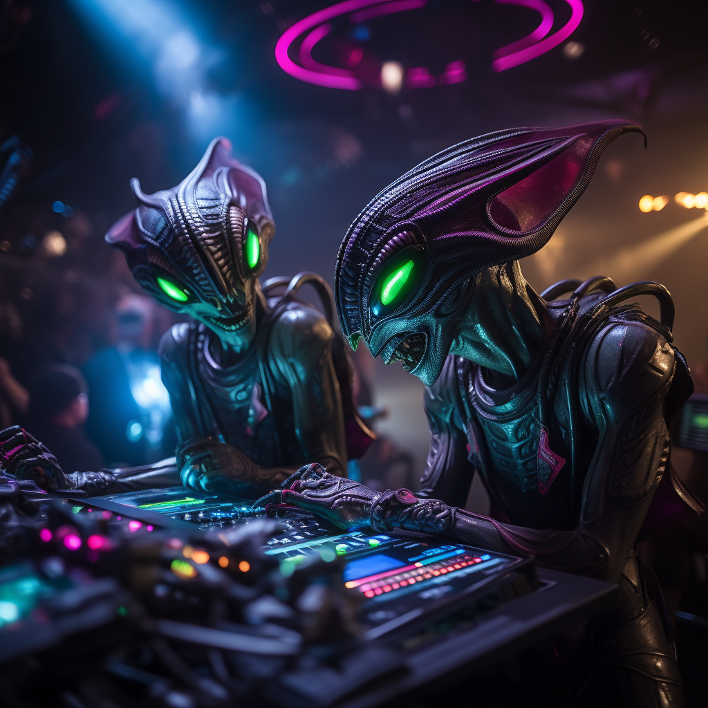 Goofy aliens DJing at rave party on Planet X