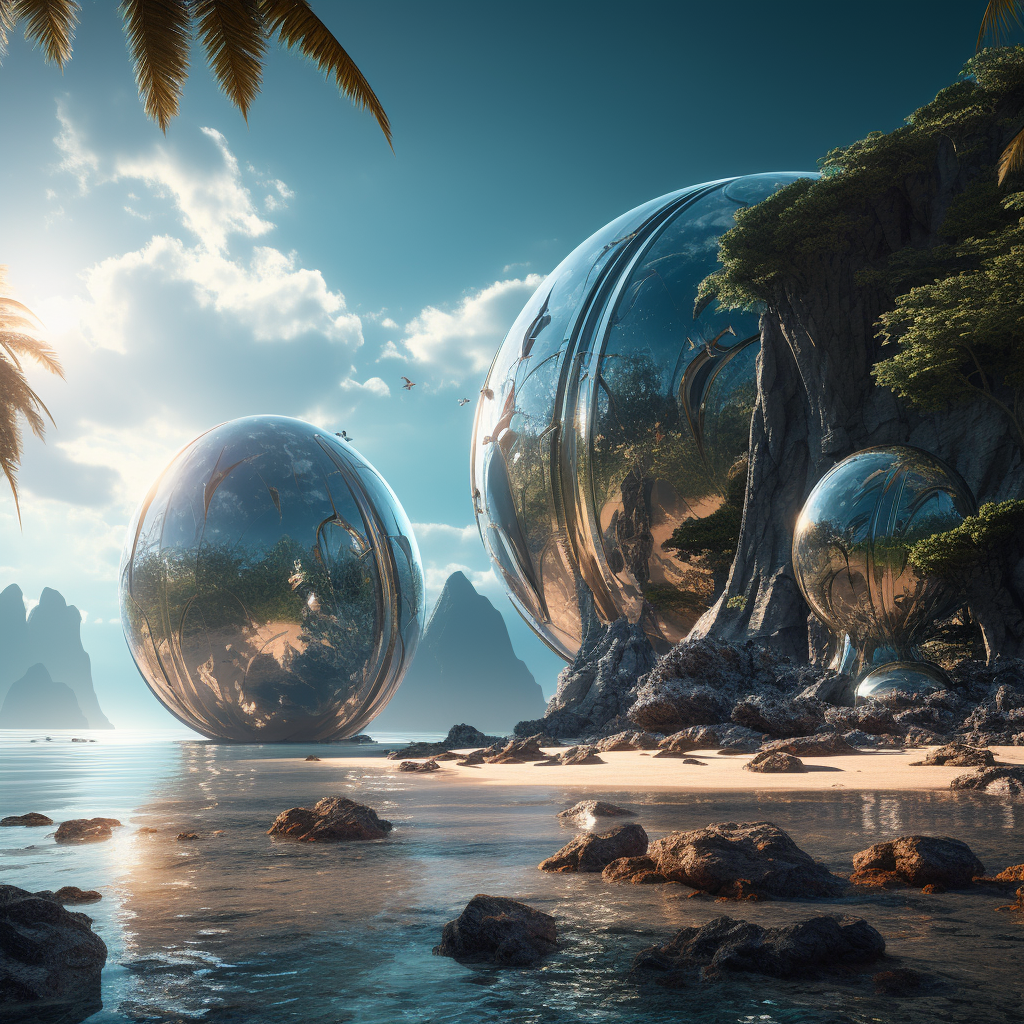 Alien planet with tropical beach and sphere buildings