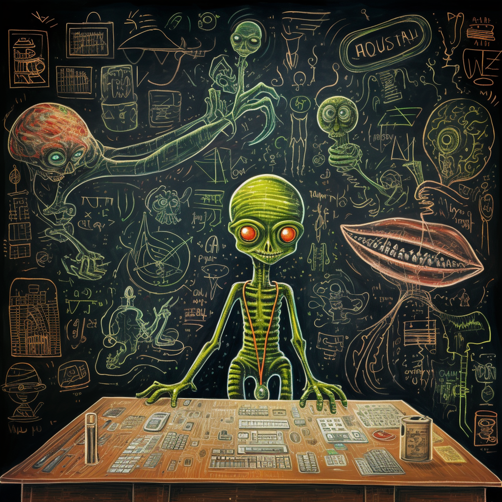 Alien writing math problems on chalkboard