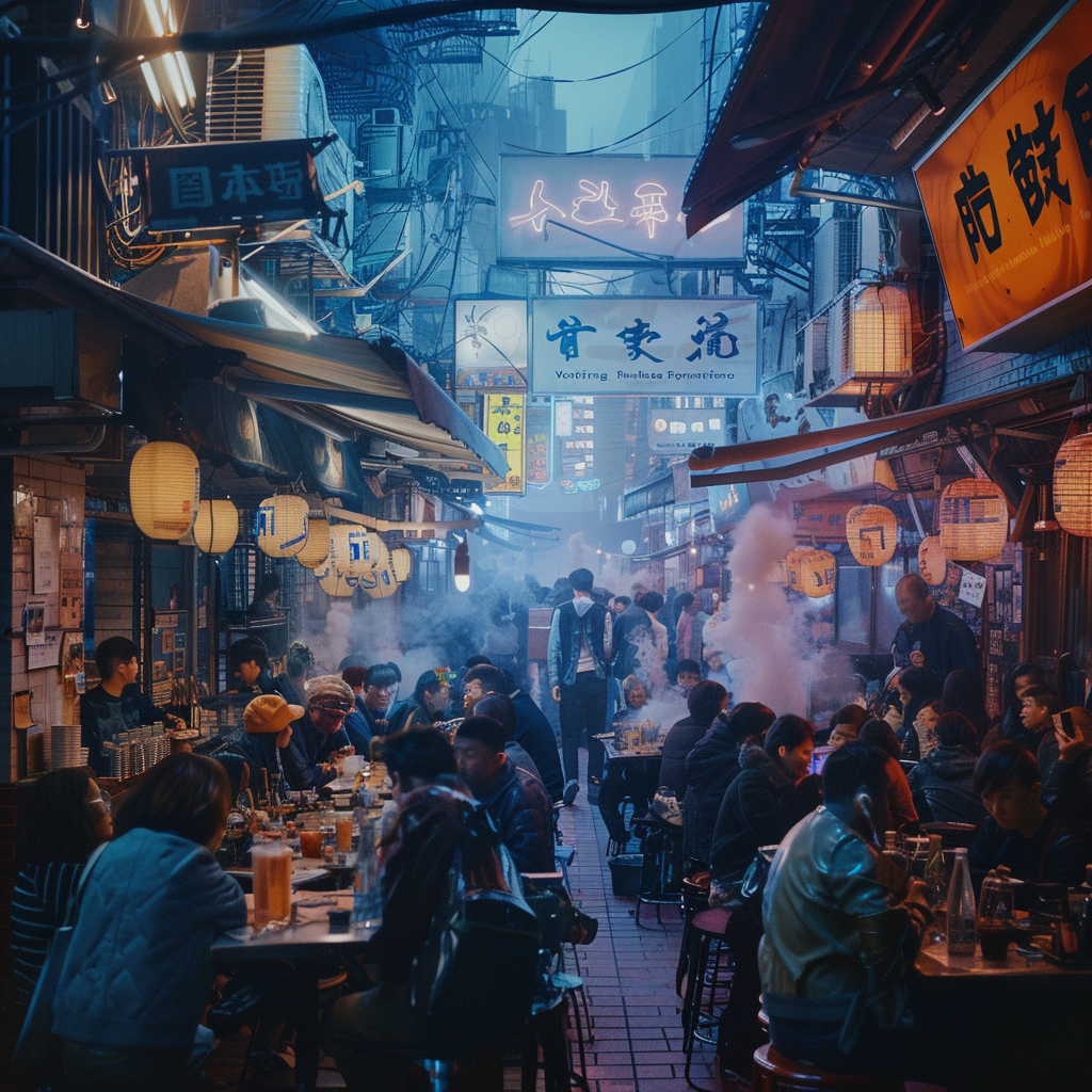 Image of crowded alien cyberpunk street