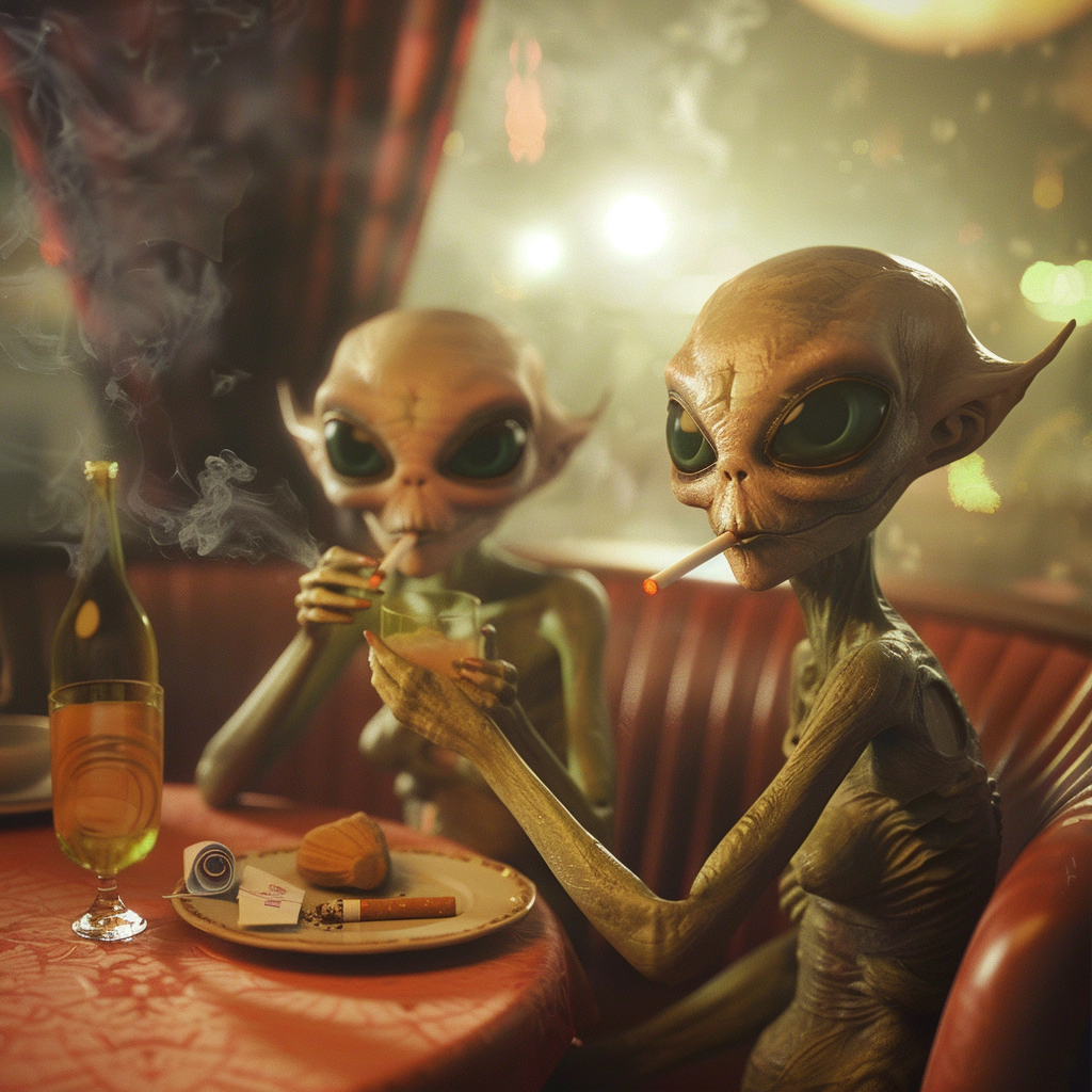 Aliens enjoying drinks and cigarettes