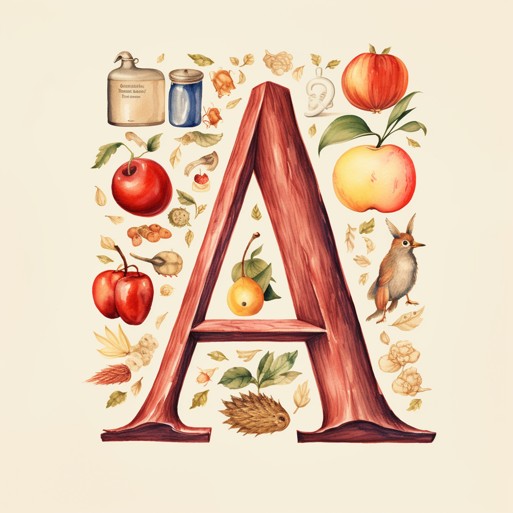 Illustration of letter A with apple and acorn