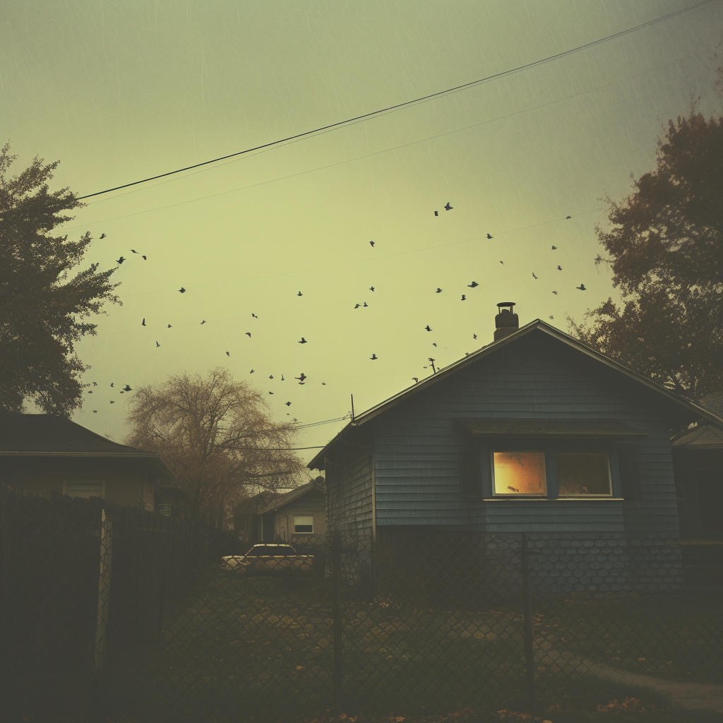 Analog photo of a rainy evening in an American backyard