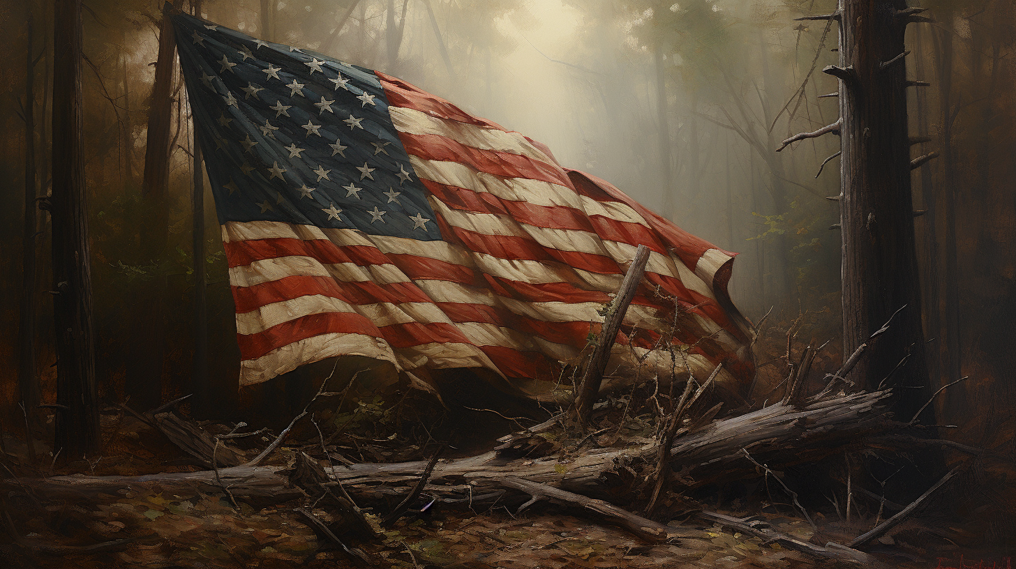 Abandoned American flag in woodland forest