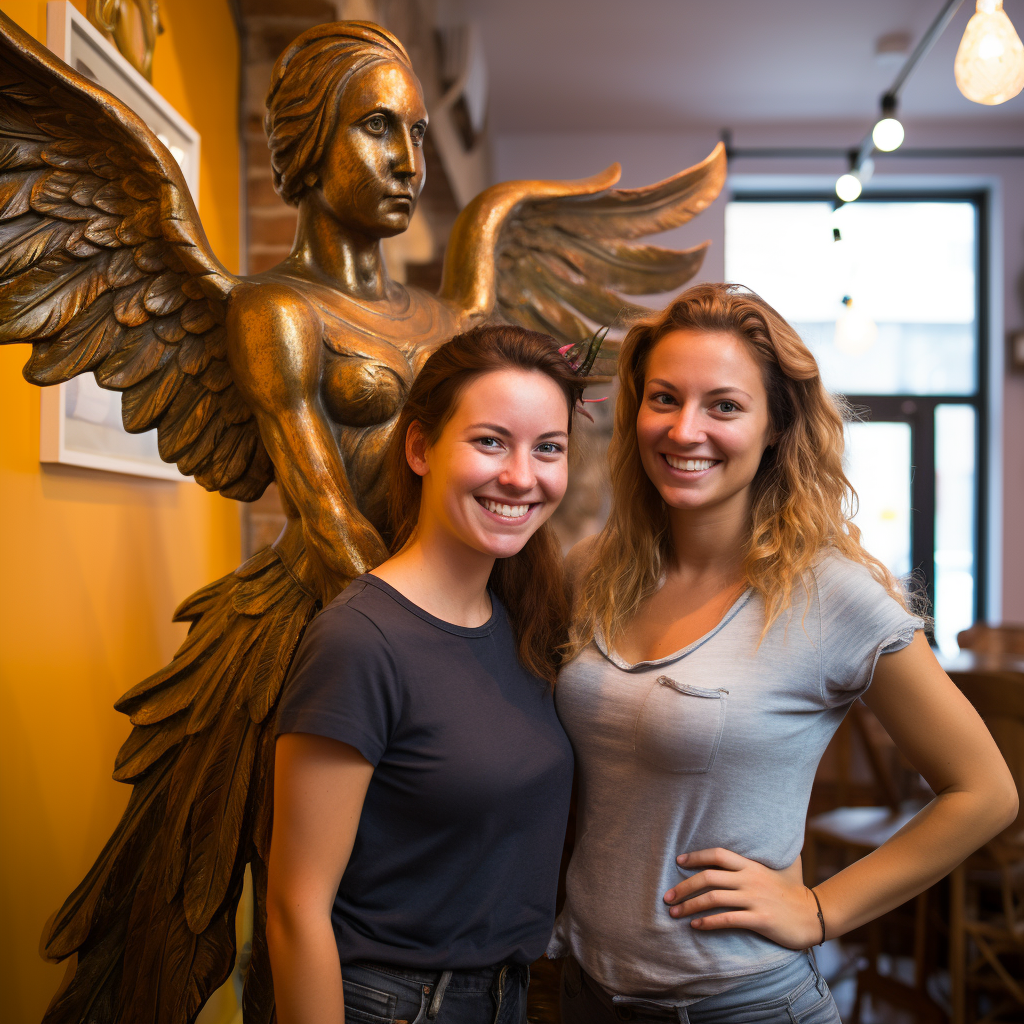 Amy and Kim with an angel and anchor