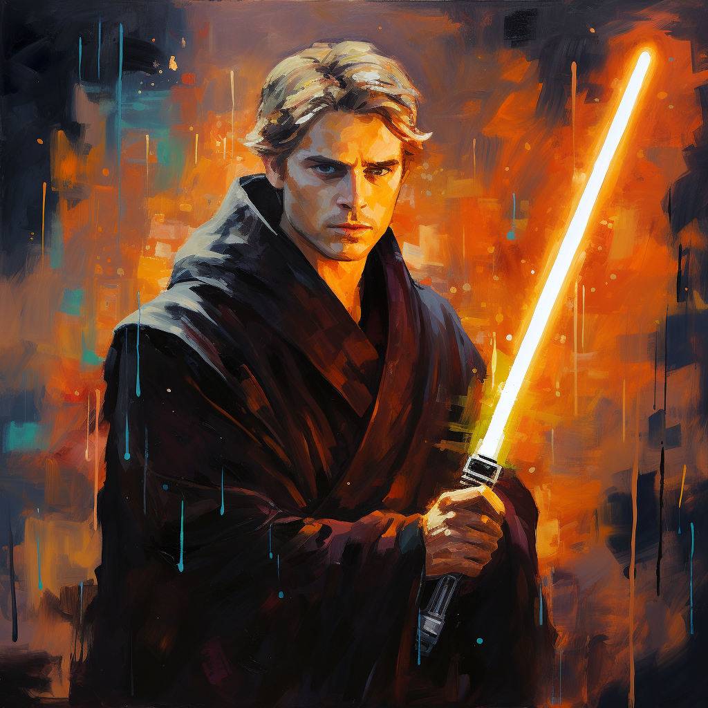 Anakin wielding lightsaber in vibrant painting