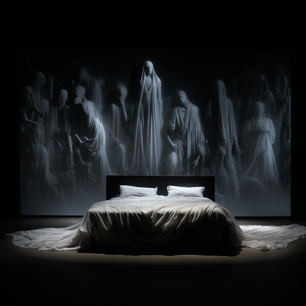 Mysterious ancestral figures surrounding a white bed