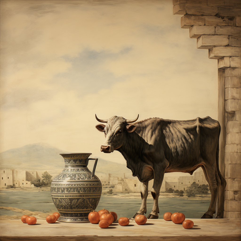 Ancient Greek Artwork featuring Cow and Glass of Milk