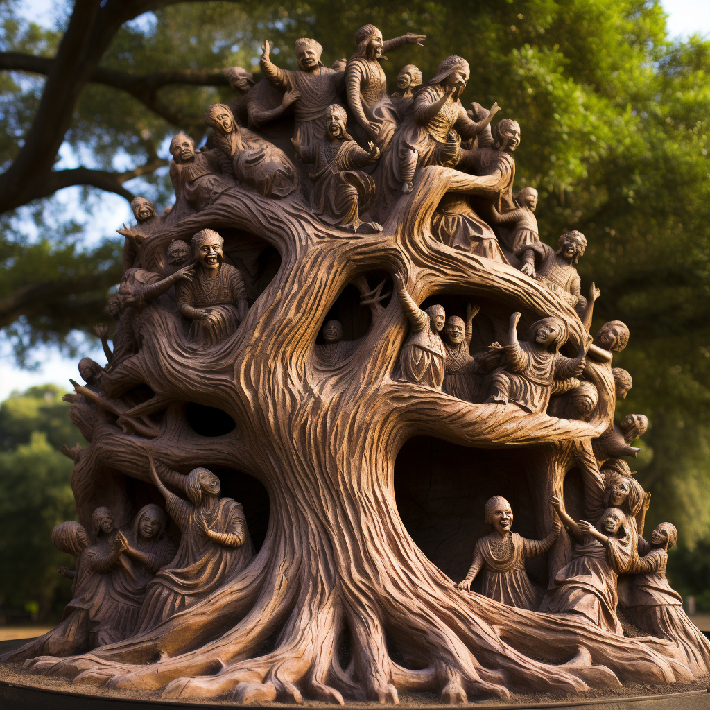 Grand ancient tree with storytellers sharing tales