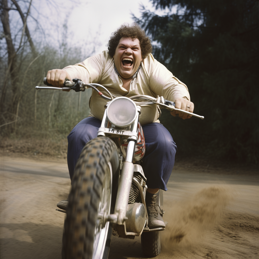 Andre the Giant on a Mini Dirt Bike Laughing