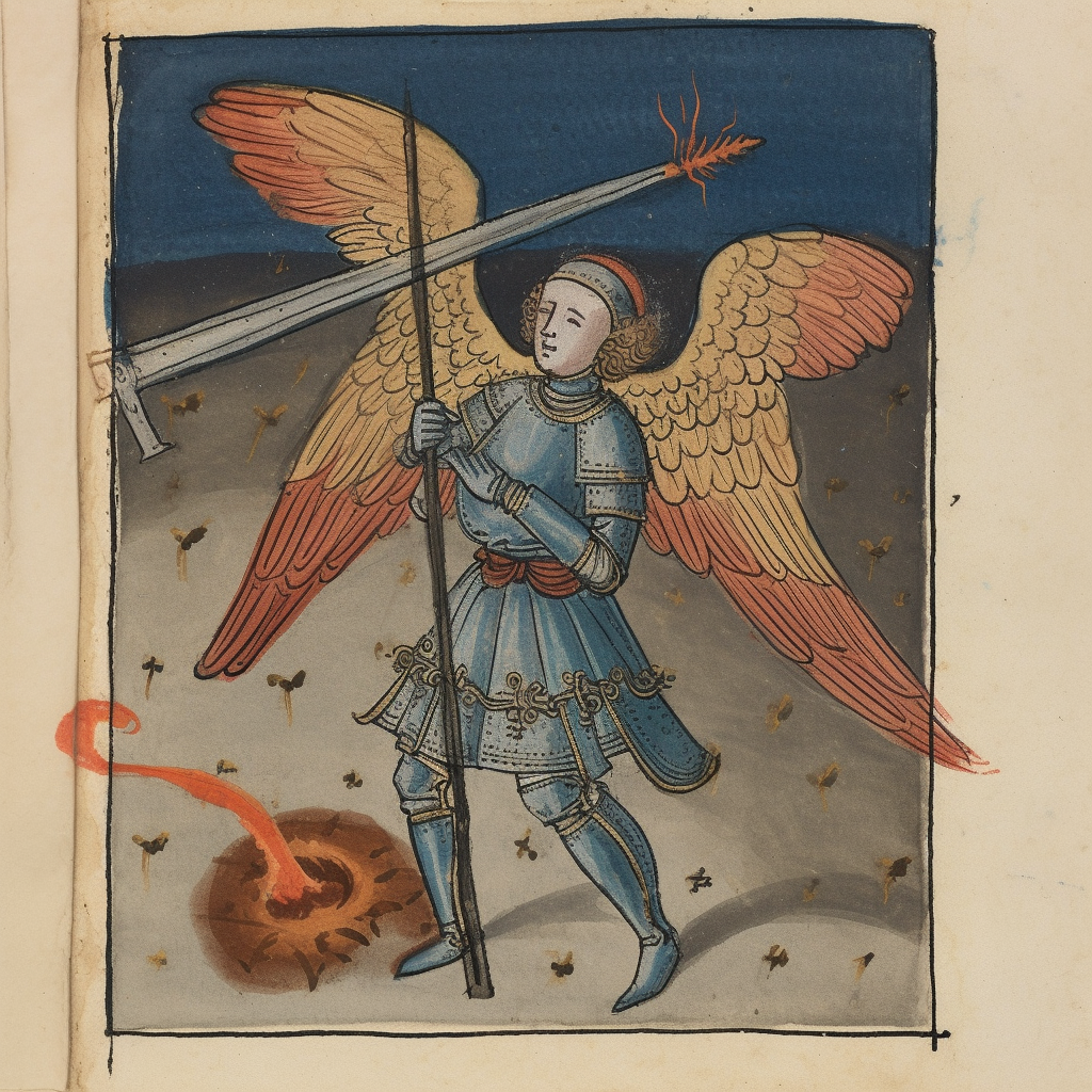 Medieval angel with sword on smoky battlefield