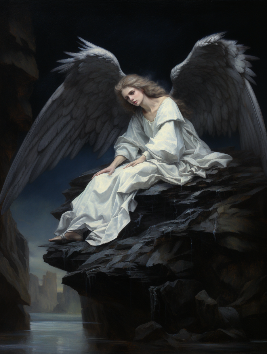 Angel with Big White Wings on Stone Cliff