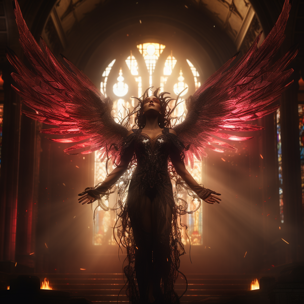 Fiery angel with steampunk wings in a neon-lit church