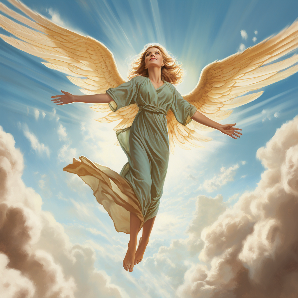 Mature cartoon angel floating in the sky