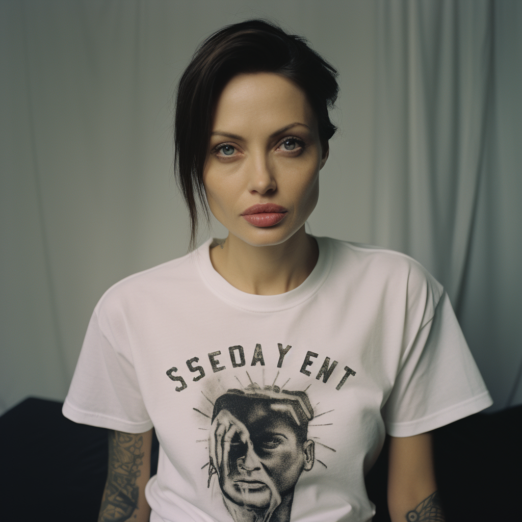 Angelina Jolie in punk look with 'I LOVE SEKRIT SAINTS' shirt