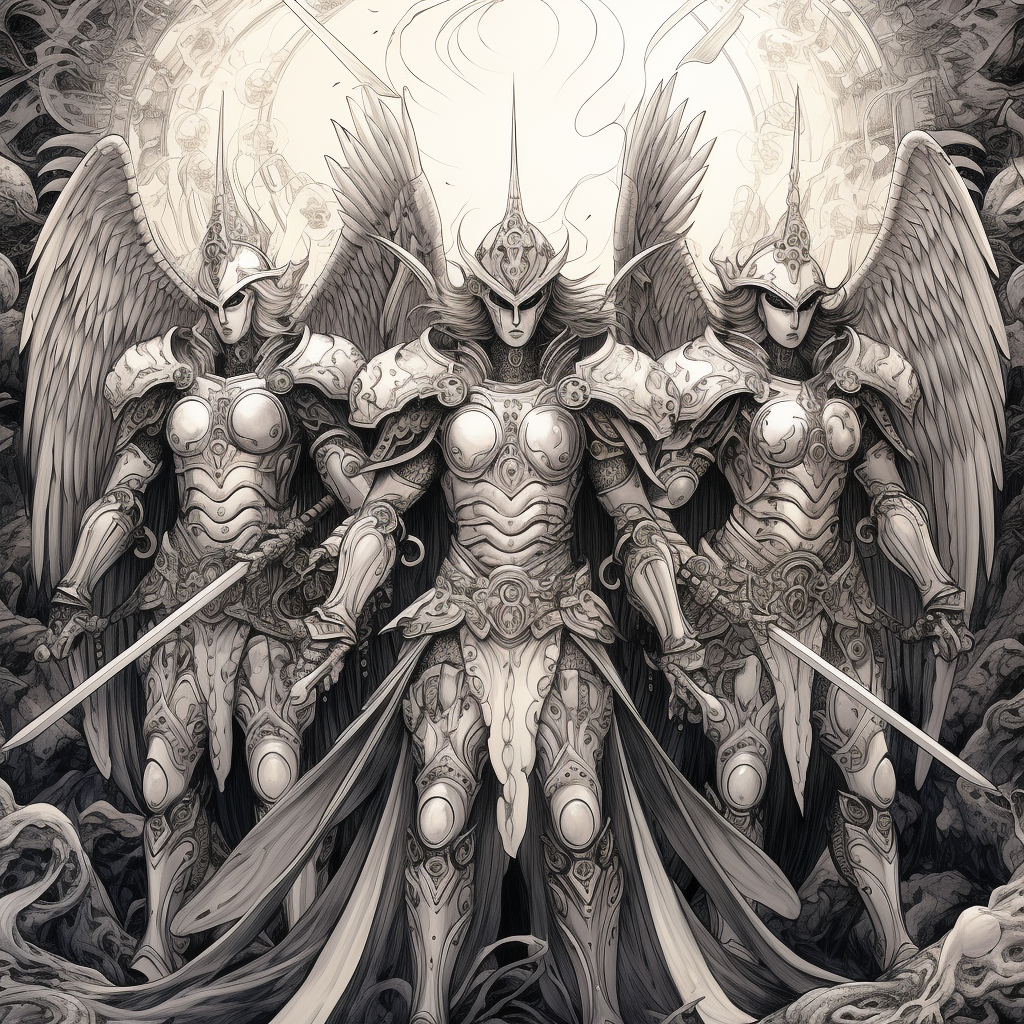 Three angels with swords battle demons