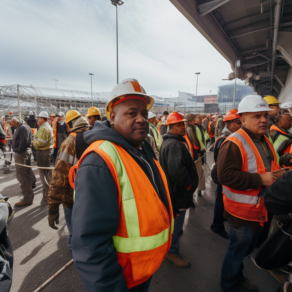 Group of Angry Construction Workers at Security Checkpoint