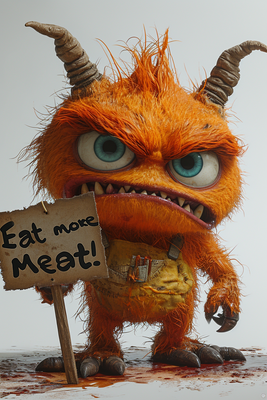 Angry tomato holding sign promoting meat consumption.