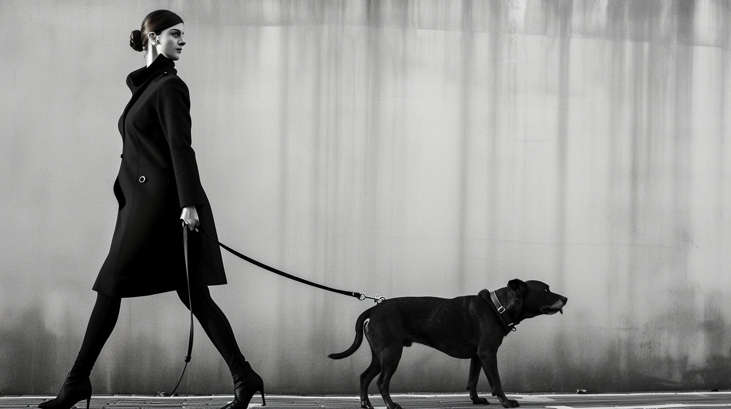 Woman in Officewear Walking with Angry Dog on Leash