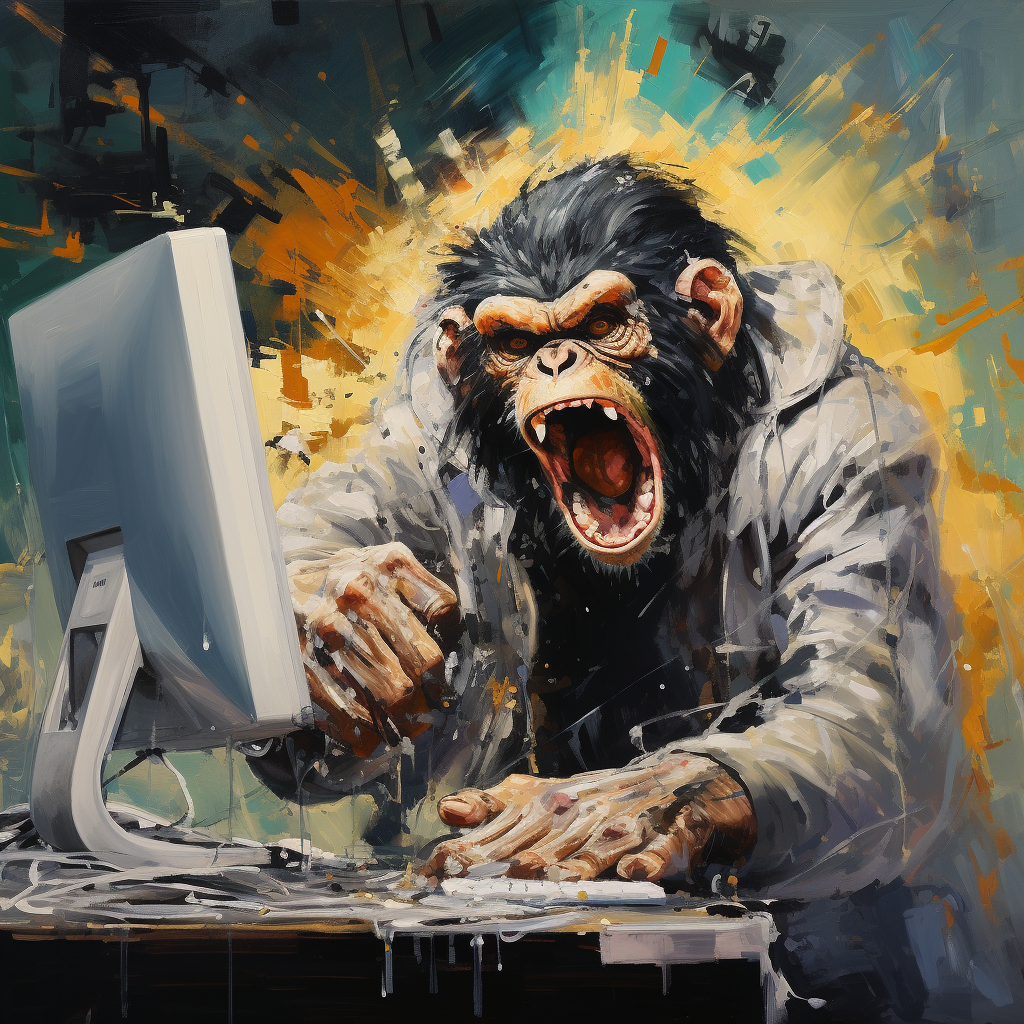 Angry chimp smashing computer screen