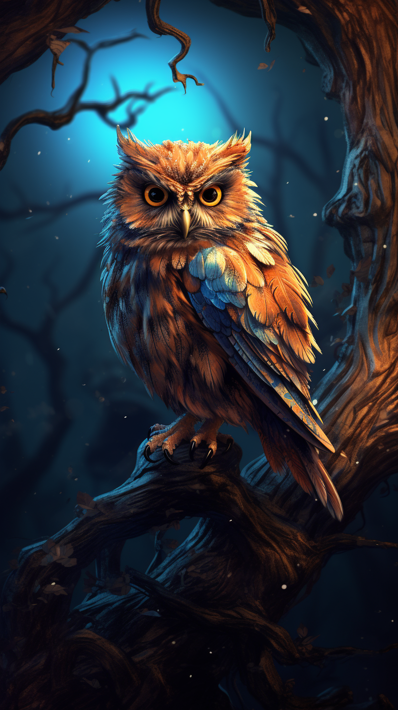 Animated owl perched on tree branch