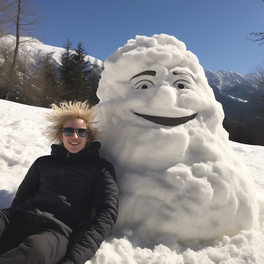 Blond climber conquering snowy mountains