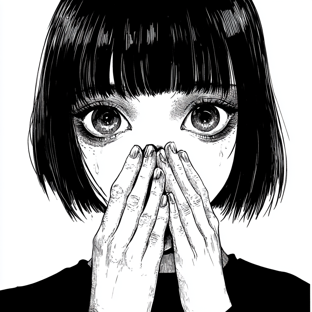 anime girl with short hair, demon eyes, hands covering mouth