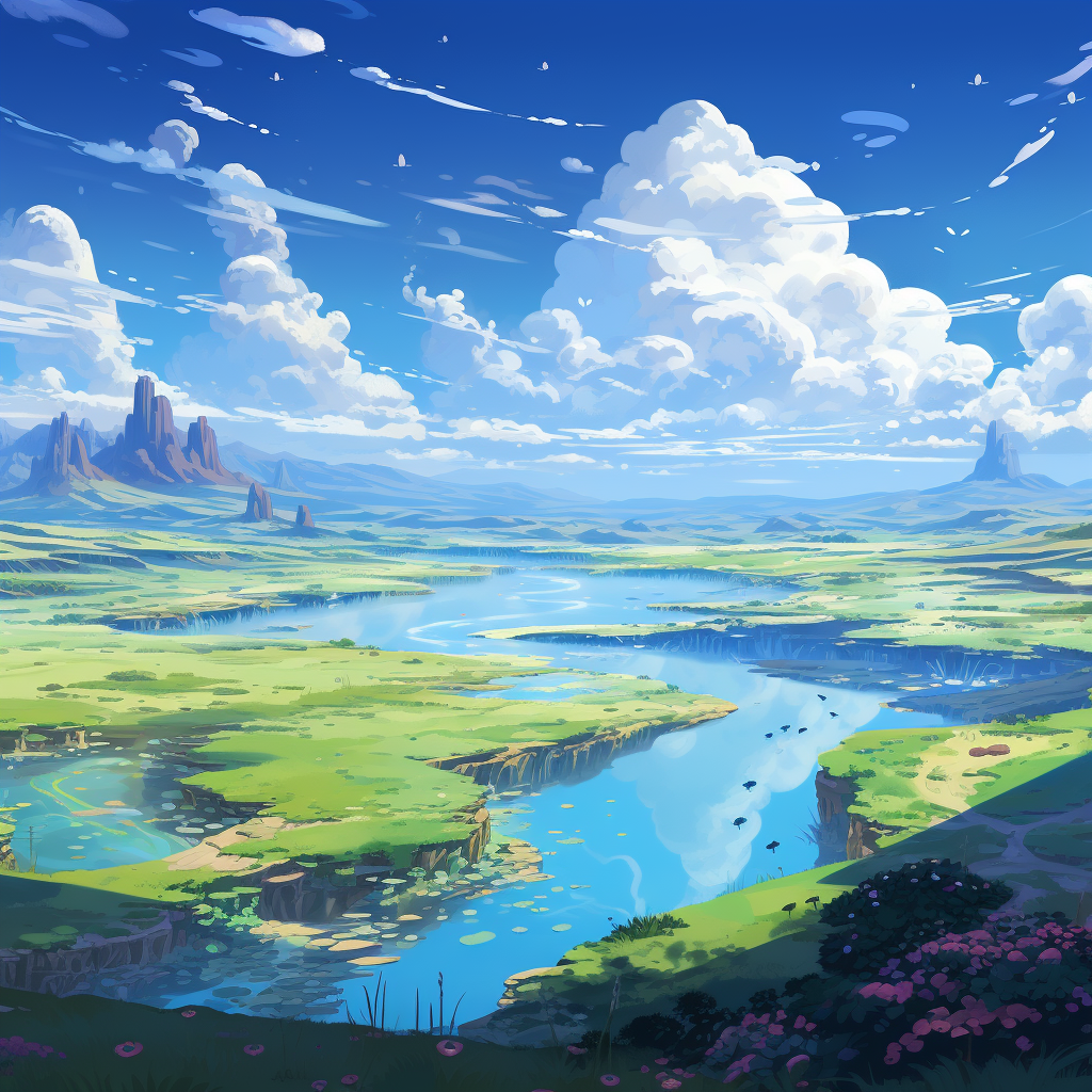 Anime Style Landscape with Alien Creatures Grazing