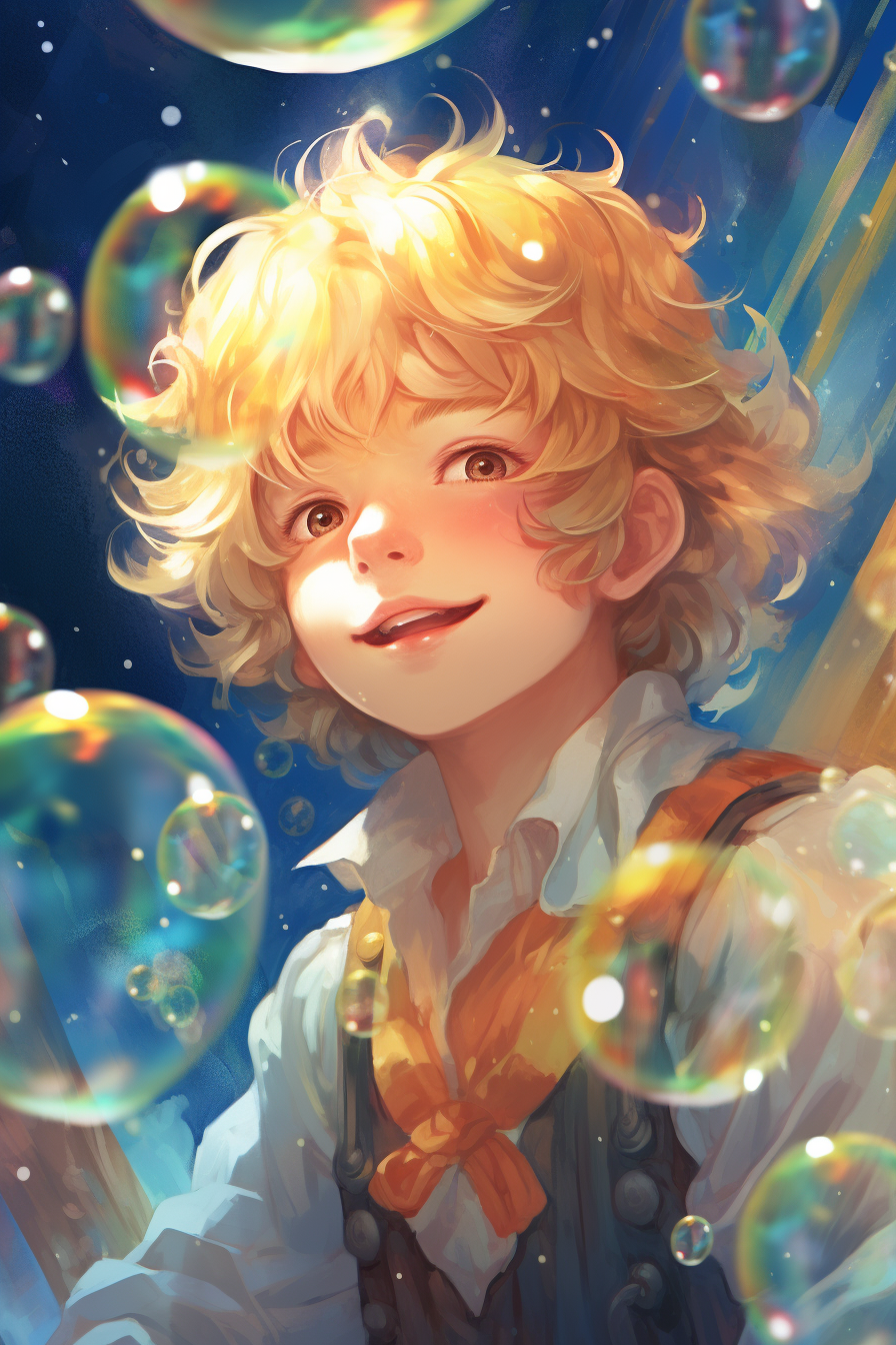 Anime boy with bubbles and gentle smile