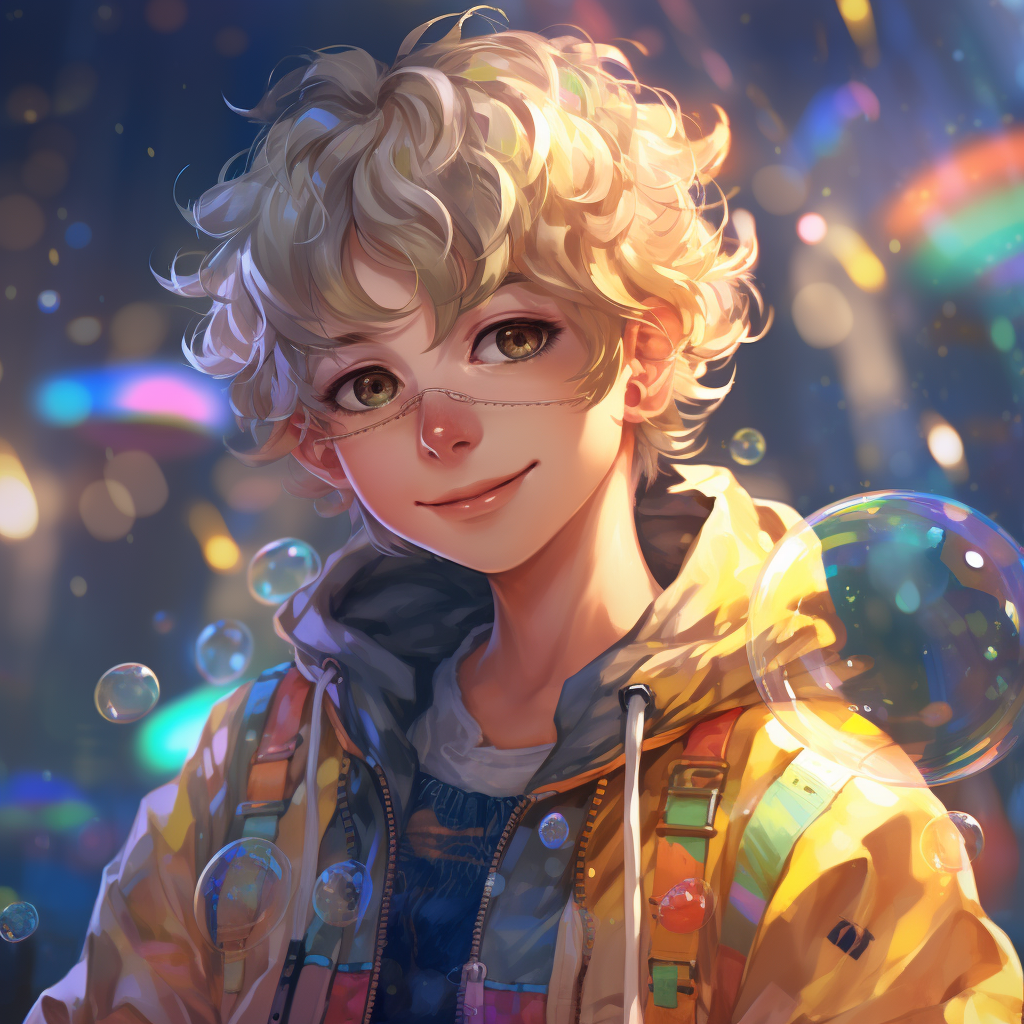 Anime Boy with Bubbles and Reflective Jacket