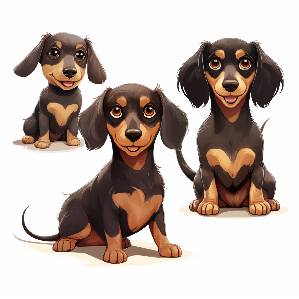 Three cute dachshund dogs in anime cartoon style