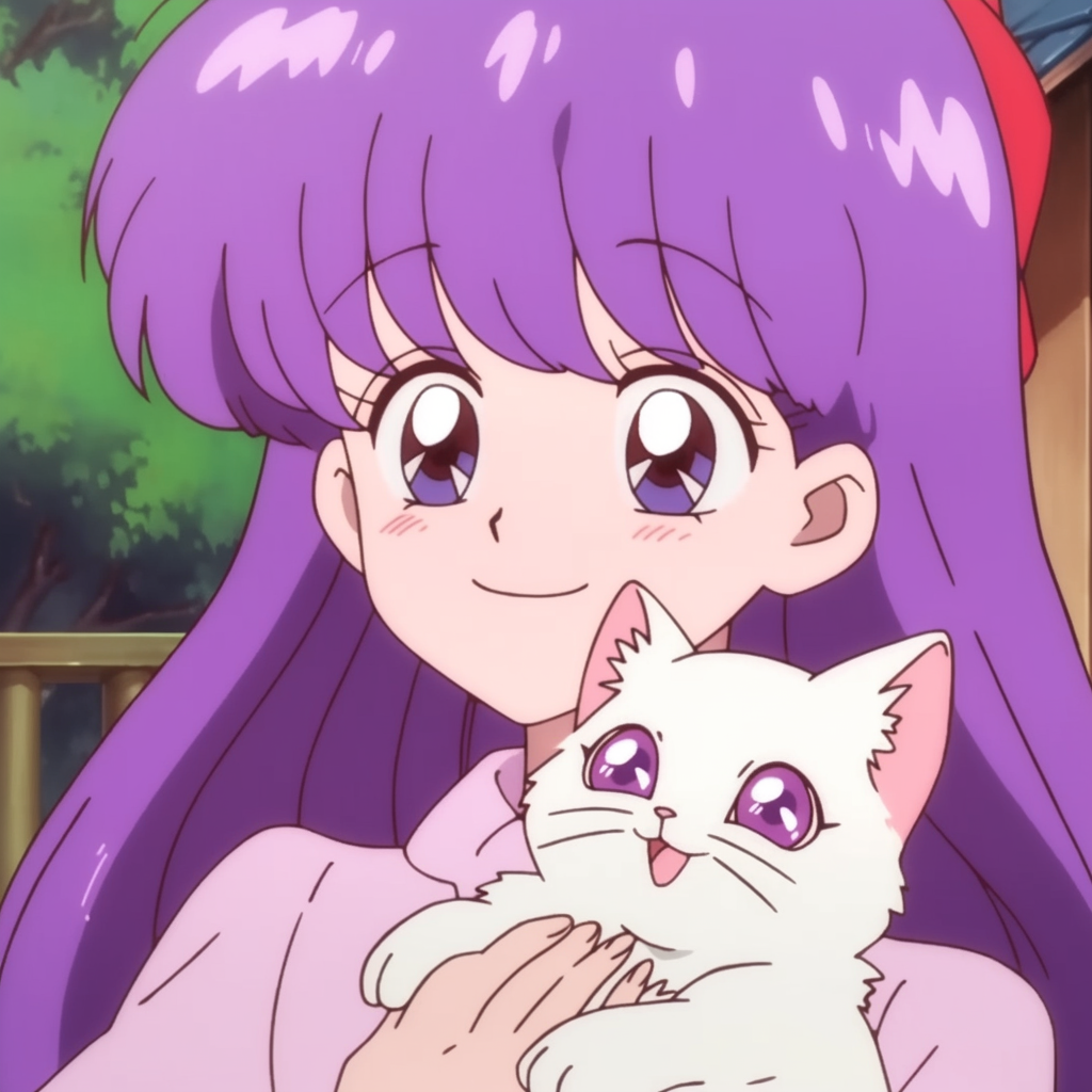 Anime girl with long purple hair holding a white cat