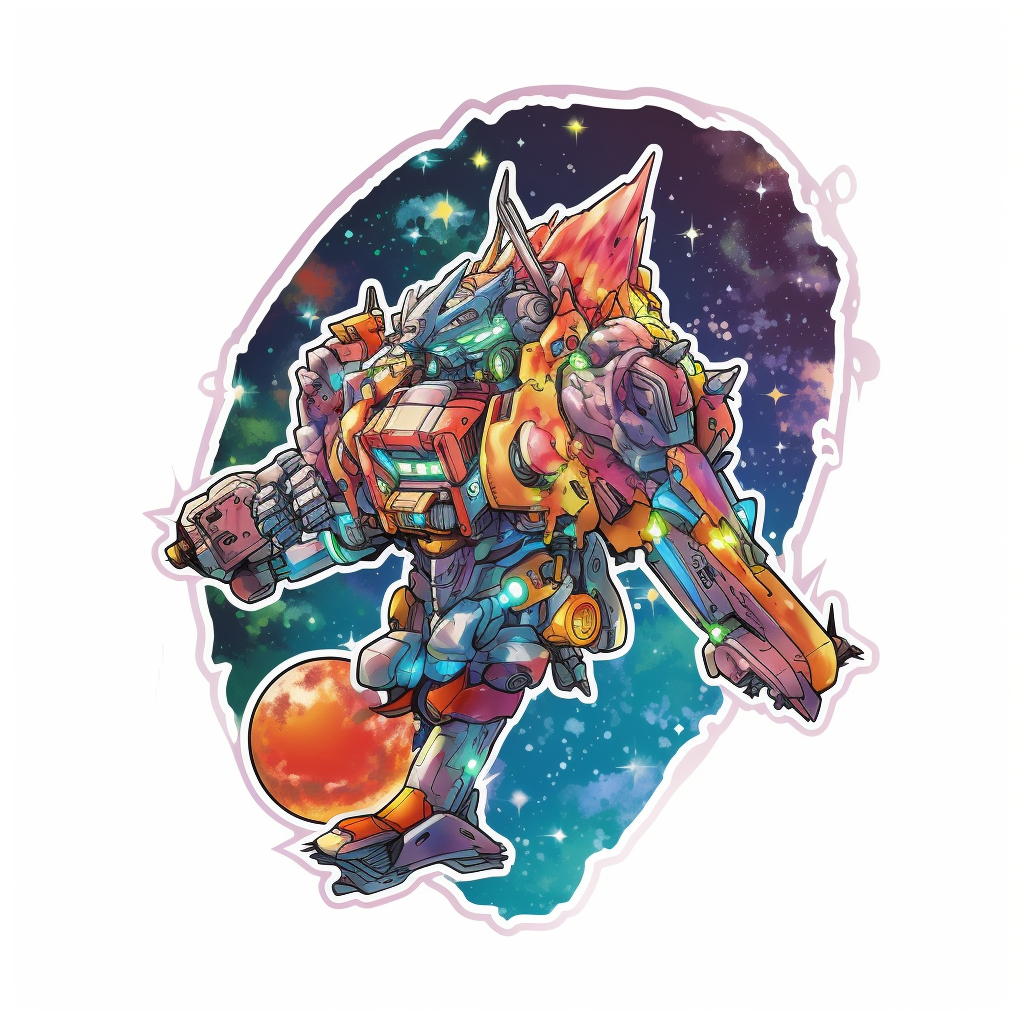 Colorful anime sticker art of a mecha cyborg riding a comet