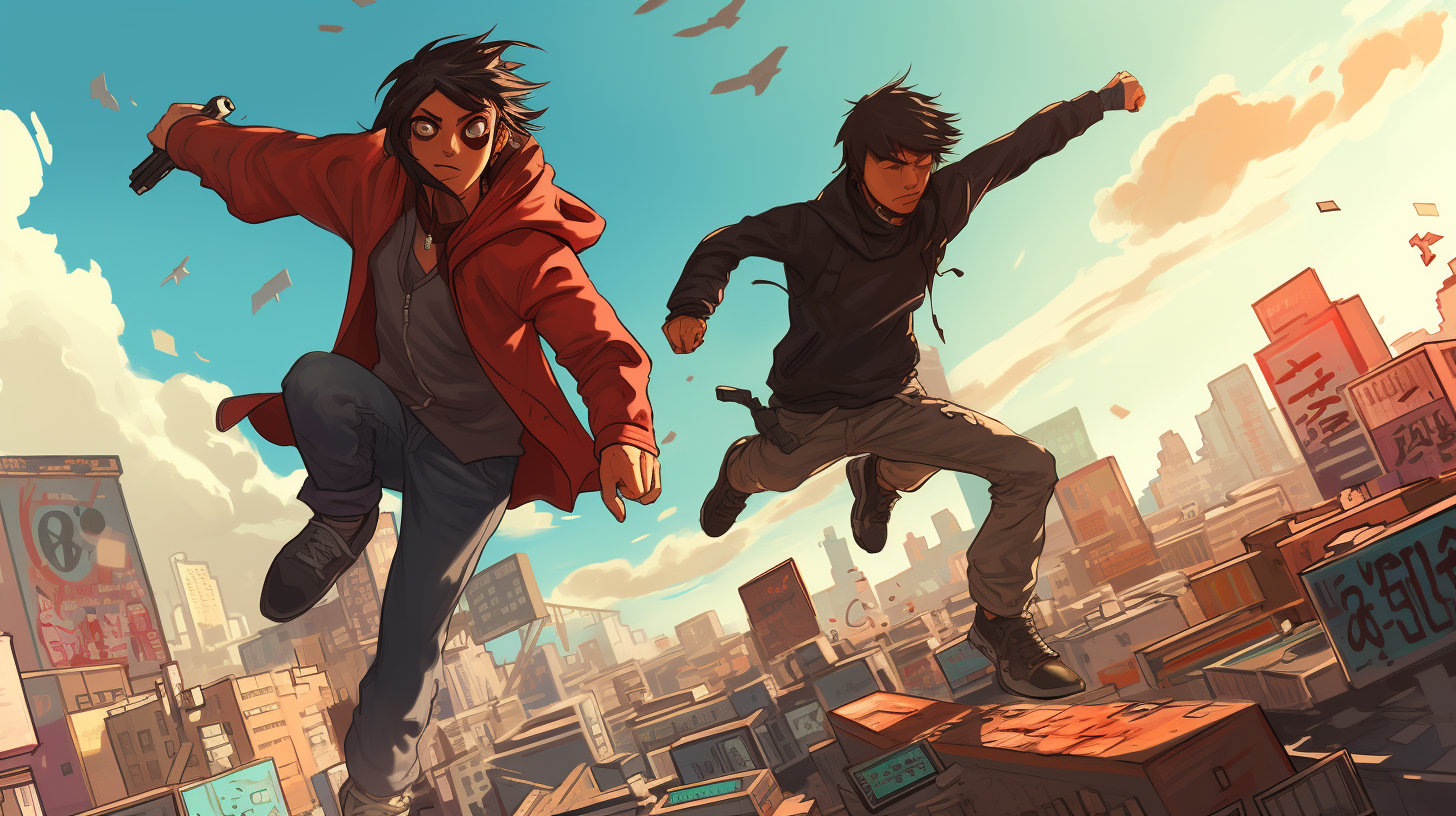 Anime style robbers on a bright day