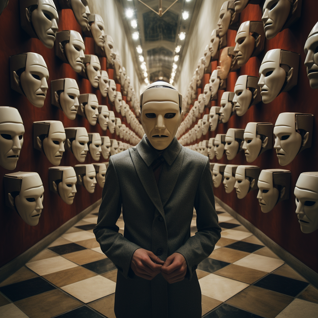 Man wearing anonymous mask in surreal hall of mirrors