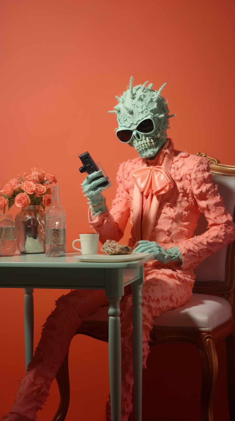 Anthropomorphic Coral at Desk with Whiskey and Handgun