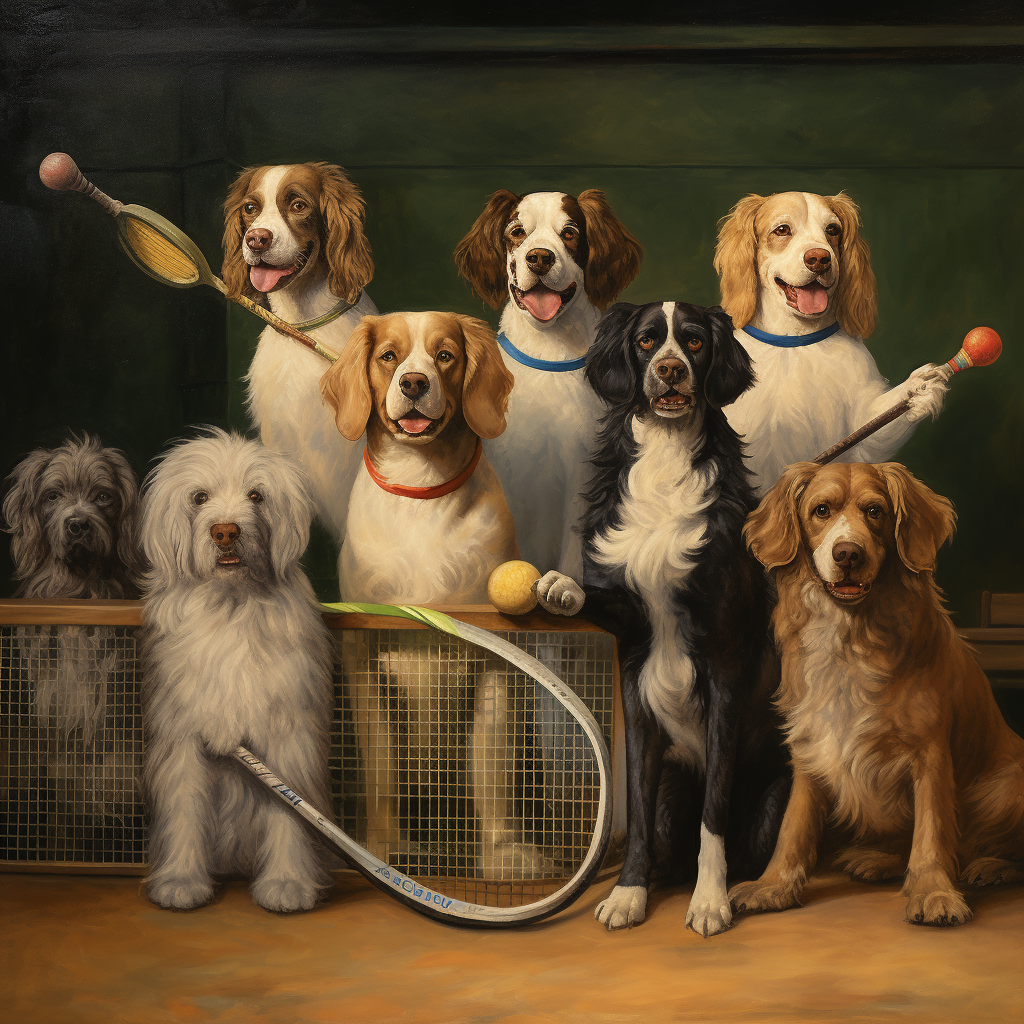 Anthropomorphic dogs playing tennis