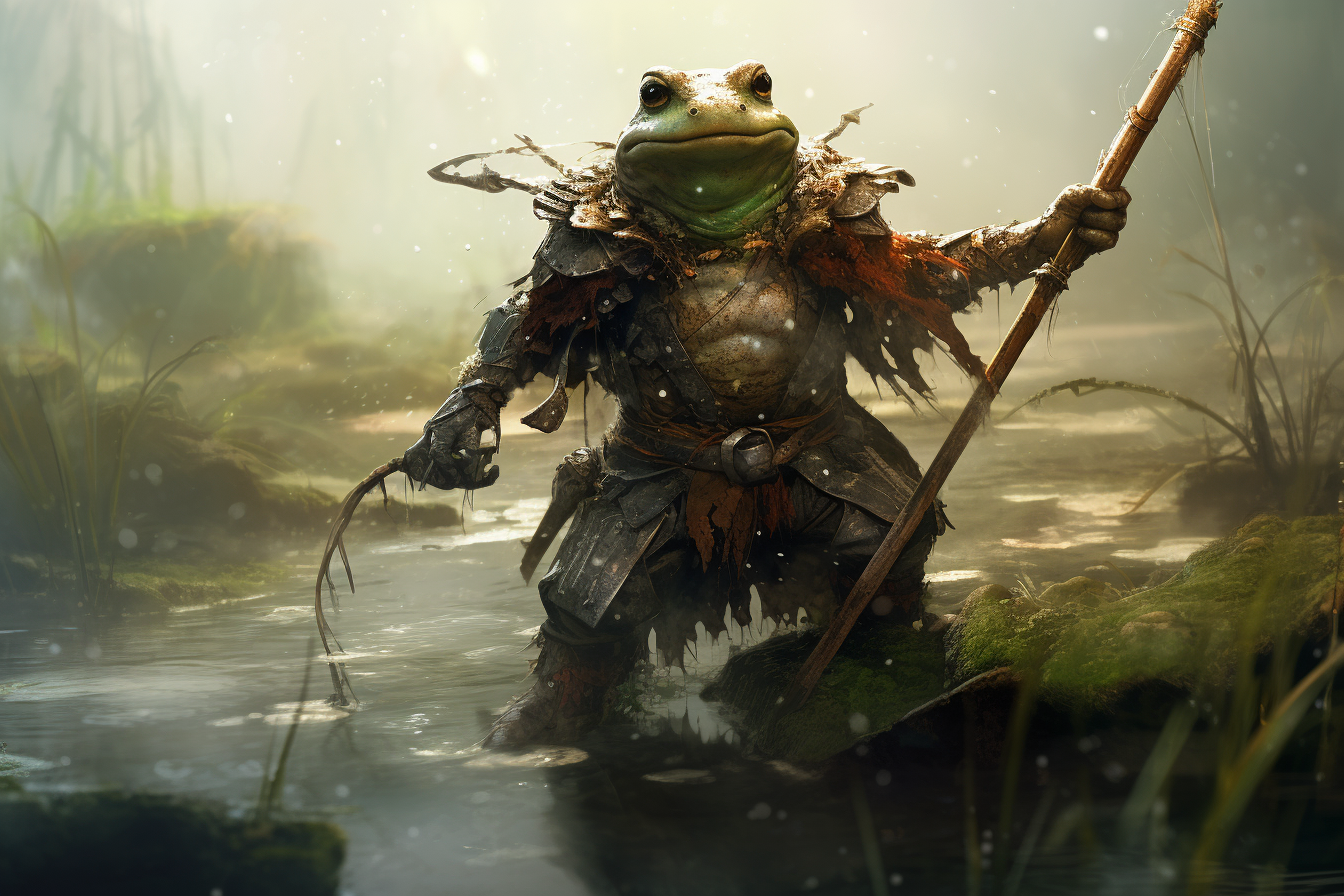 Anthropomorphic frog warrior wielding spear in swamp