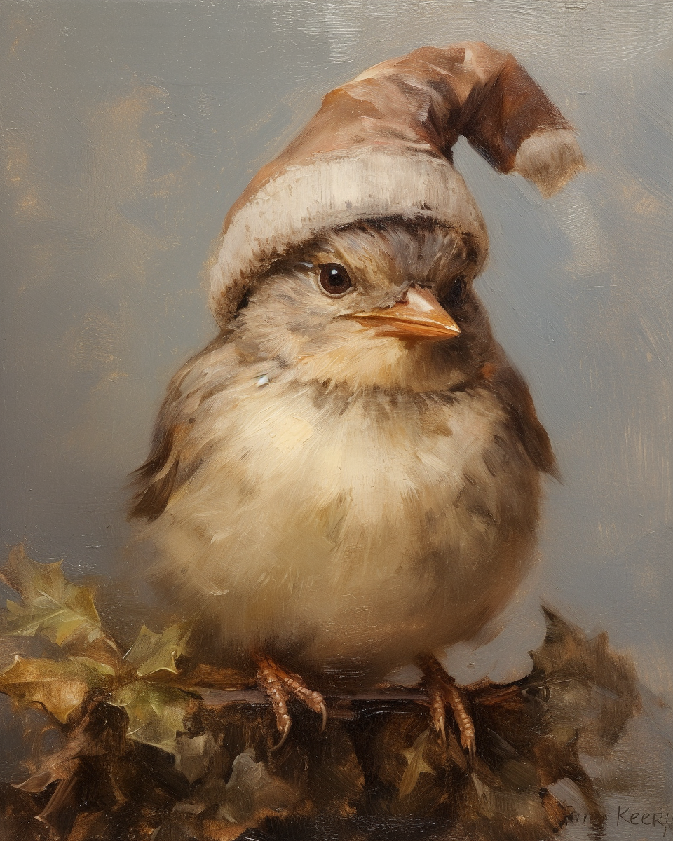 Happy Christmas Sparrow couple wearing Santa hats